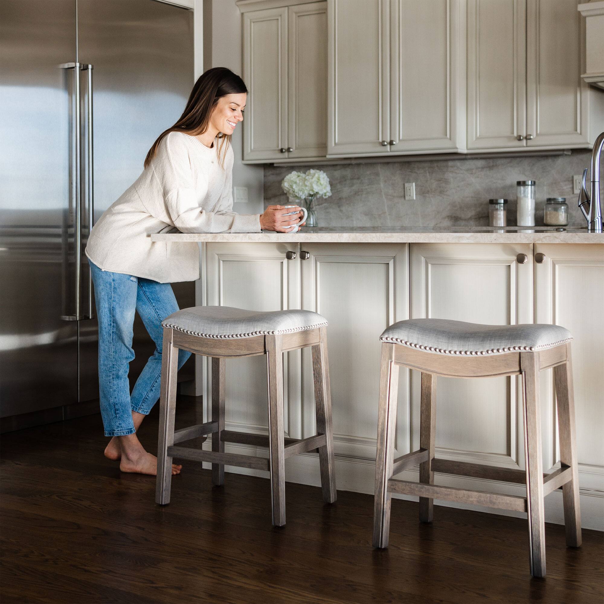 Alt View 10. Maven Lane - Maven Lane Adrien Saddle Bar Stool in Reclaimed Oak Finish with Ash Grey Fabric Upholstery, Set of 3 - Reclaimed Oak.