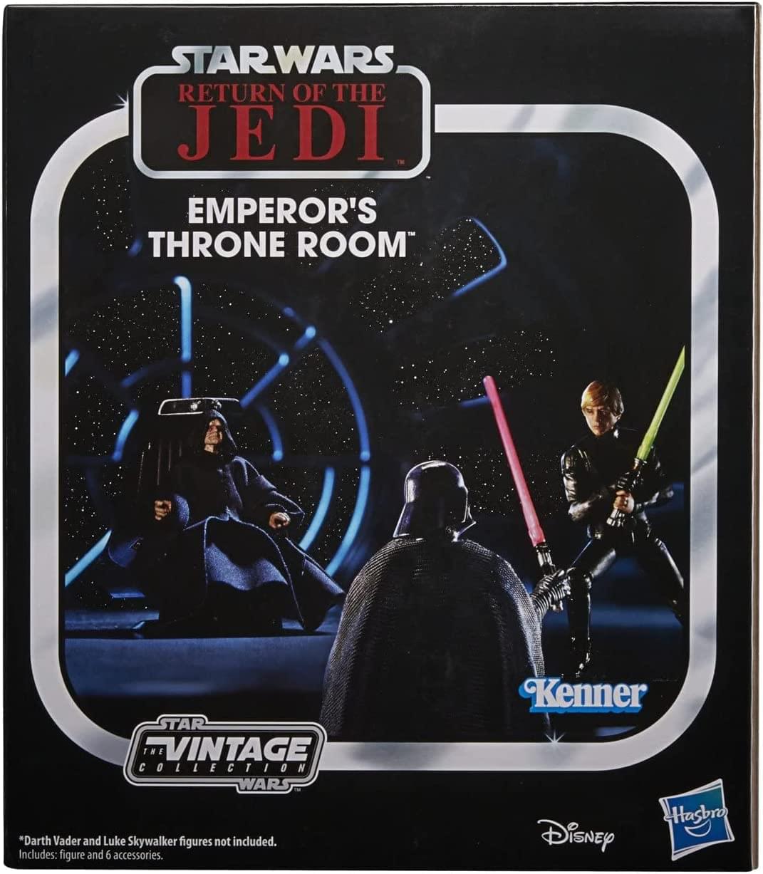 STAR WARS RETURN OF THE JEDI  
EMPEROR'S THRONE ROOM  

STAR THE VINTAGE COLLECTION WARS  

Kenner Disney Hasbro  

*Darth Vader and Luke Skywalker figures not included.  
Includes: figure and 6 accessories.