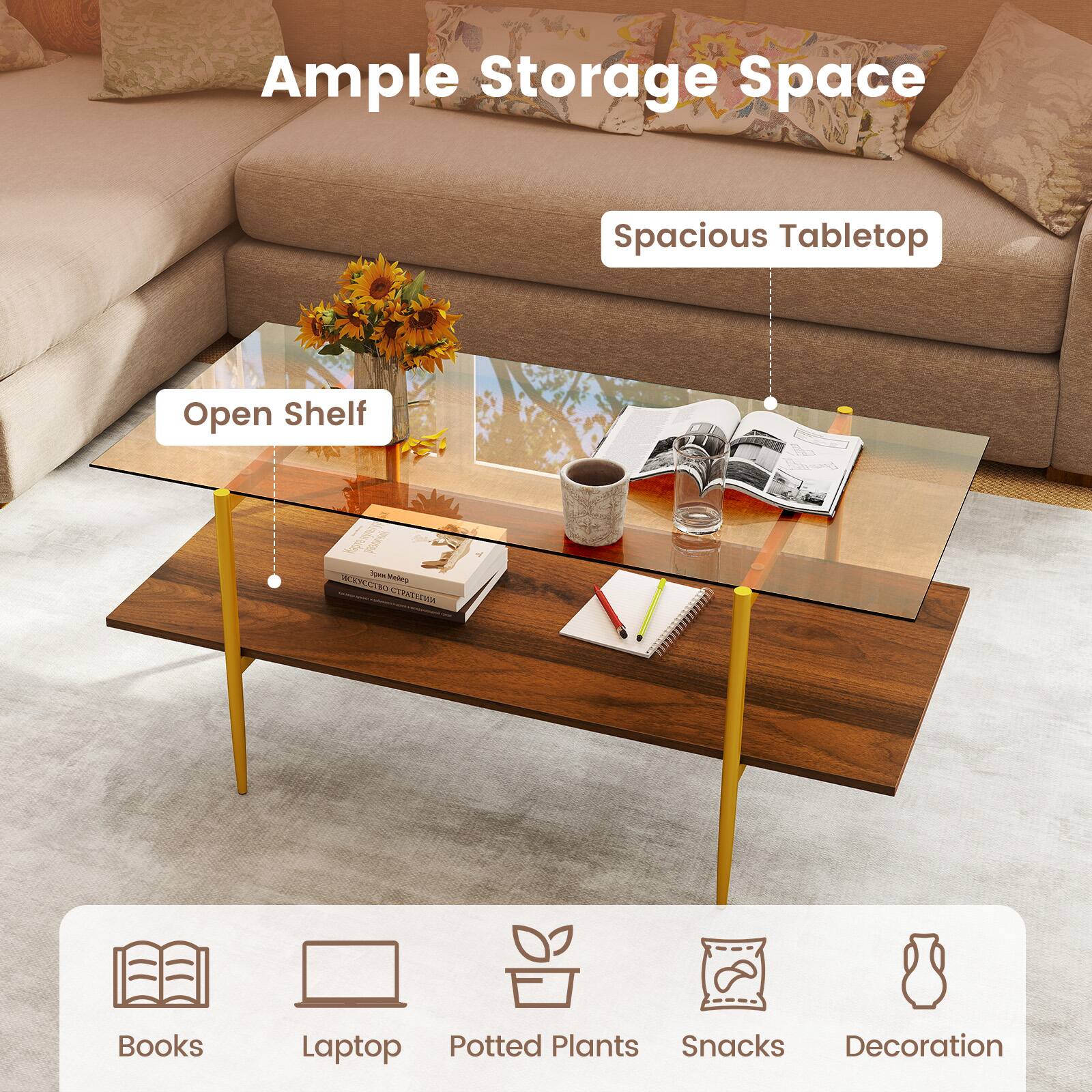 Ample Storage Space  
Spacious Tabletop  
Open Shelf  

Books  
Laptop  
Potted Plants  
Snacks  
Decoration