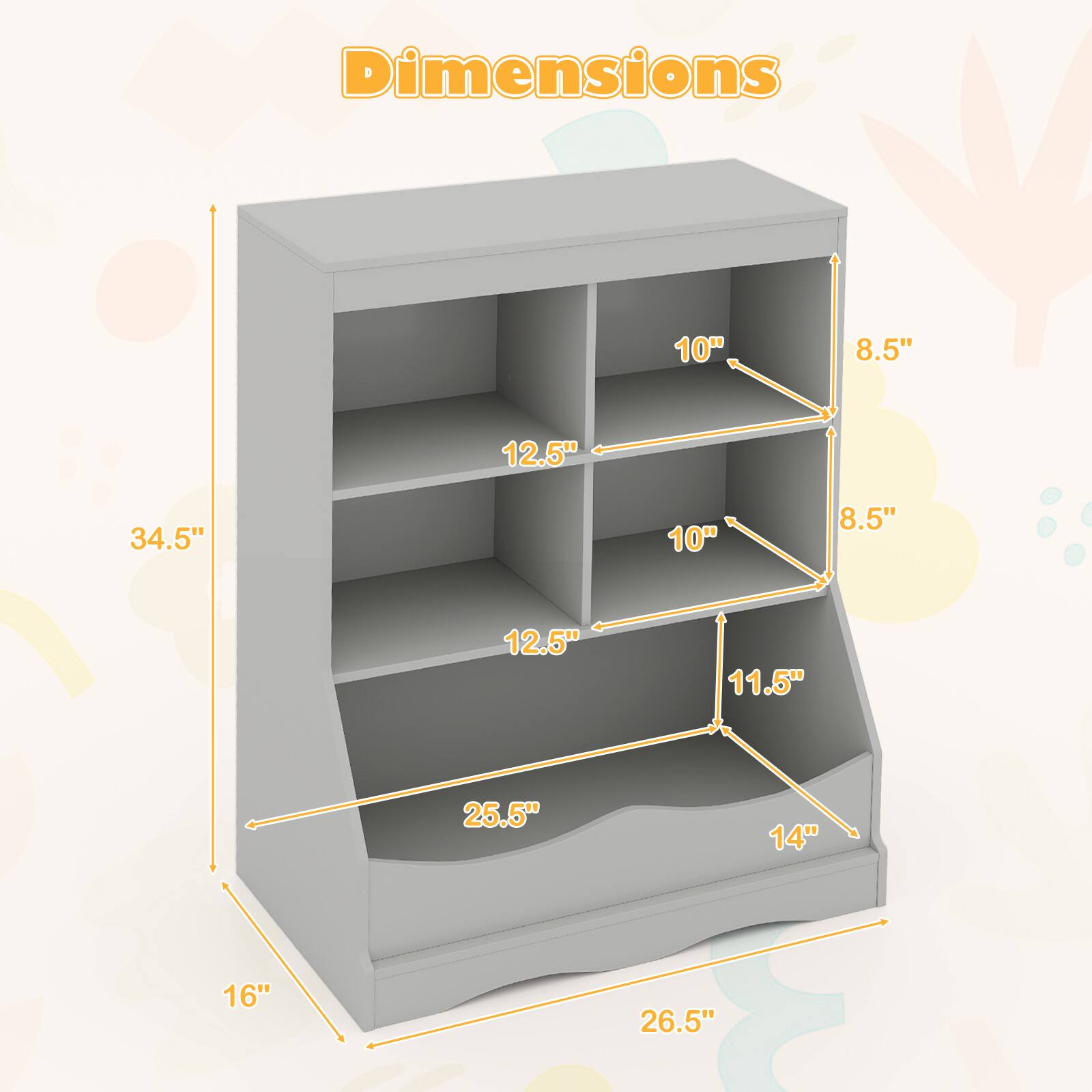 Dimensions:  
- Height: 34.5"  
- Width: 26.5"  
- Depth: 16"  
- Top Shelf: 10" x 8.5"  
- Second Shelf: 10" x 8.5"  
- Third Shelf: 11.5" x 12.5"  
- Bottom Shelf: 14" x 25.5"