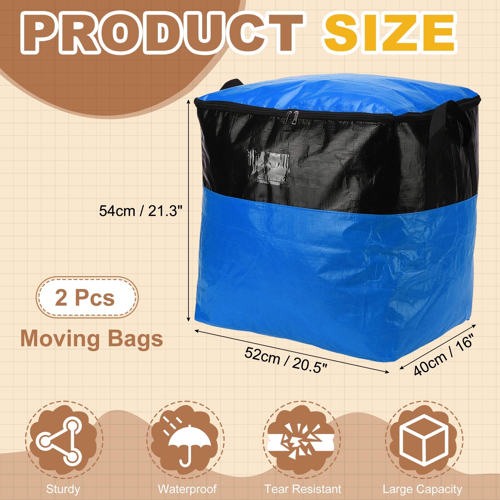PRODUCT SIZE

54cm / 21.3"  
2 Pcs Moving Bags  
52cm / 20.5" / 16"  
40cm

Sturdy Waterproof Tear Resistant Large Capacity