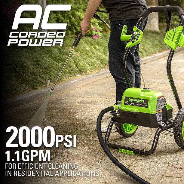 AC Corded Power  
Greenworks 2000 PSI 1.1 GPM  
For efficient cleaning in residential applications