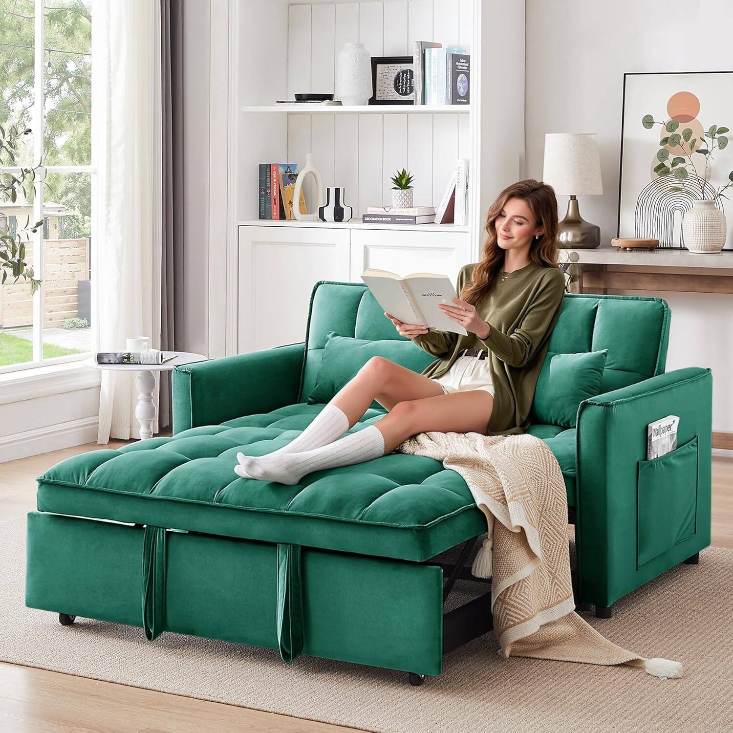 Front. Tiramisubest - 3 in 1Convertible Sleeper Sofa Bed,Futon Couches for Living Room with Side Pocket|Adjustable Backrest Sectional Sofa Bed - Green.