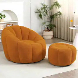 Trinkets Crazed - Tufted Teddy Plush Bean Bag Chair & Footrest Ottoman, Oversized Comfy Lounge Sofa - Orange