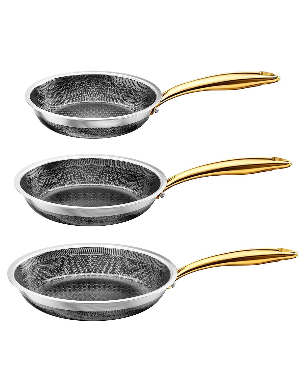 DEL OLMO ASSOCIATES - 8" Tri-Ply Stainless Non-Stick Fry Pan with Lid, Induction/Oven-Safe, Dishwasher - Gold 8''+10''+12'' w/o lid