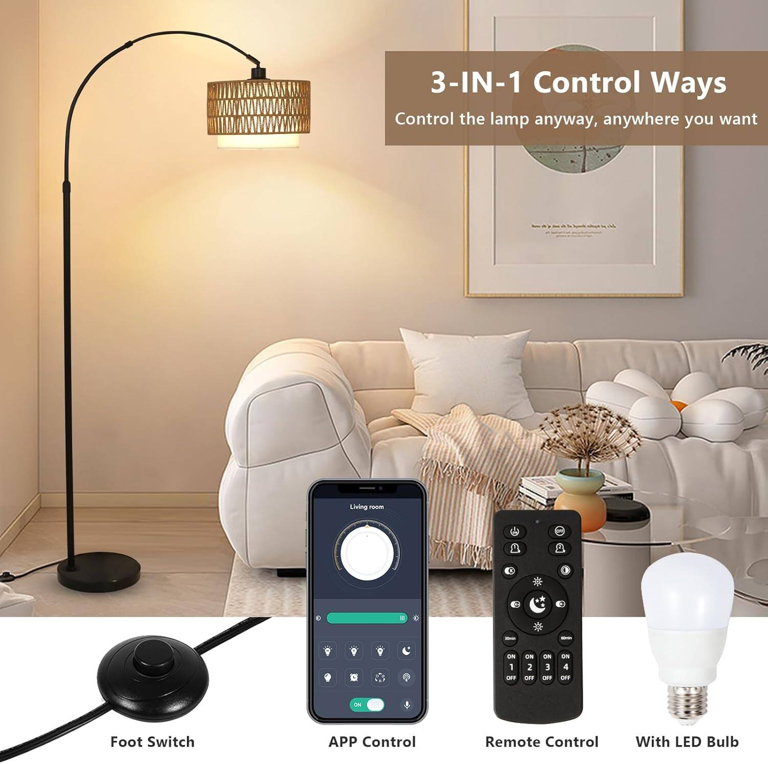 3-IN-1 Control Ways  
Control the lamp anyway, anywhere you want  

Living room  
ON 1  
OFF 2  
EFT 3  
DN 4  

Foot Switch  
APP Control  
Remote Control  
With LED Bulb