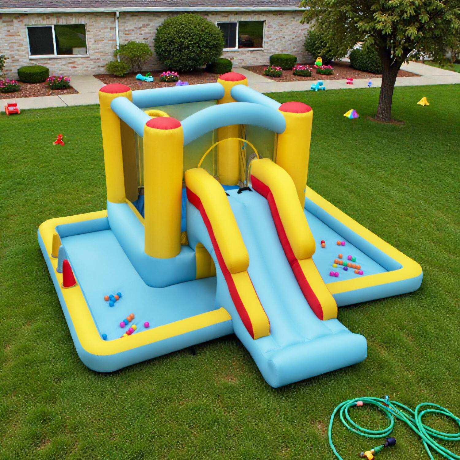Front. BreeBe - 7-in-1 Inflatable Play Castle with Slide, Tunnel & 480W Electric Air Pump - Multicolor.