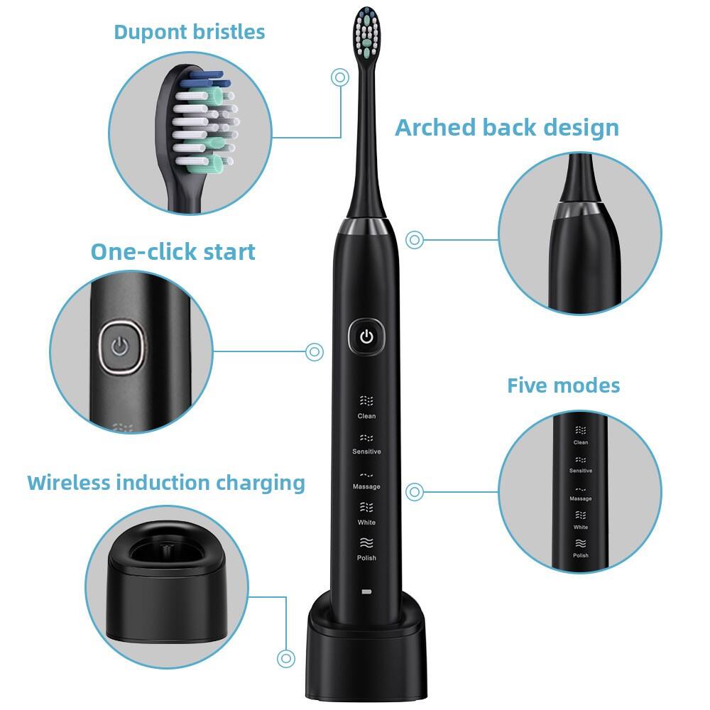 Dupont bristles  
Arched back design  
One-click start  
Five modes  
Wireless induction charging  
Sensitive Massage  
White Polish