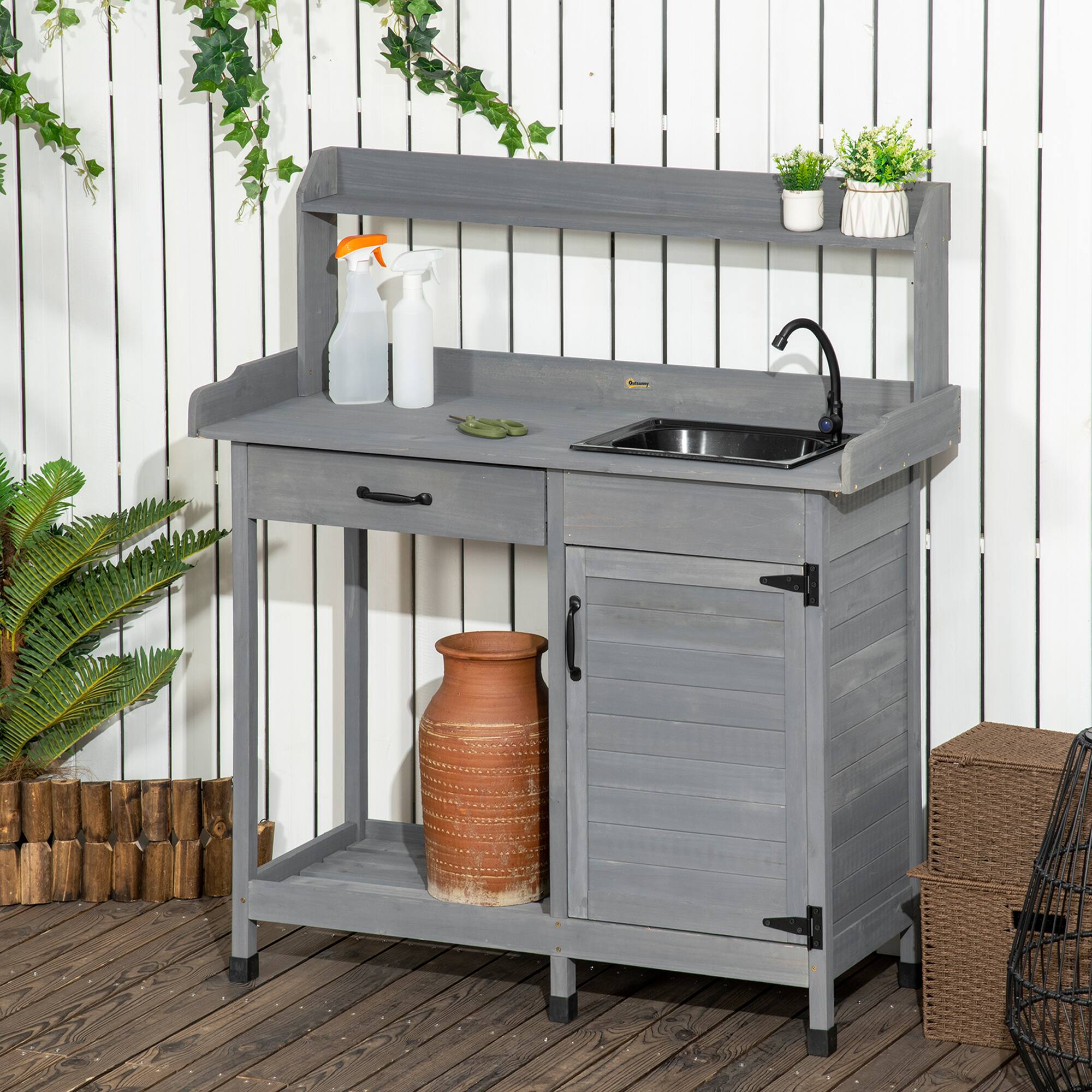 Alt View 1. Outsunny - Potting Bench Table with Sink, Outdoor Work Bench Table with Storage Cabinet, Hooks, Removable Sink - Gray.
