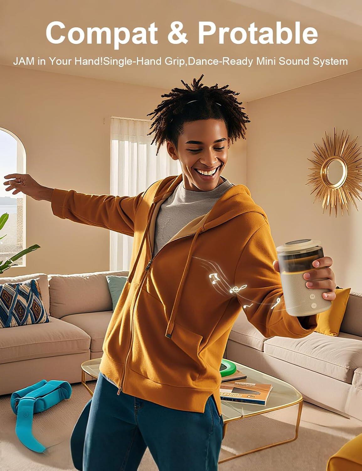 Compat & Portable  
JAM in Your Hand! Single-Hand Grip, Dance-Ready Mini Sound System