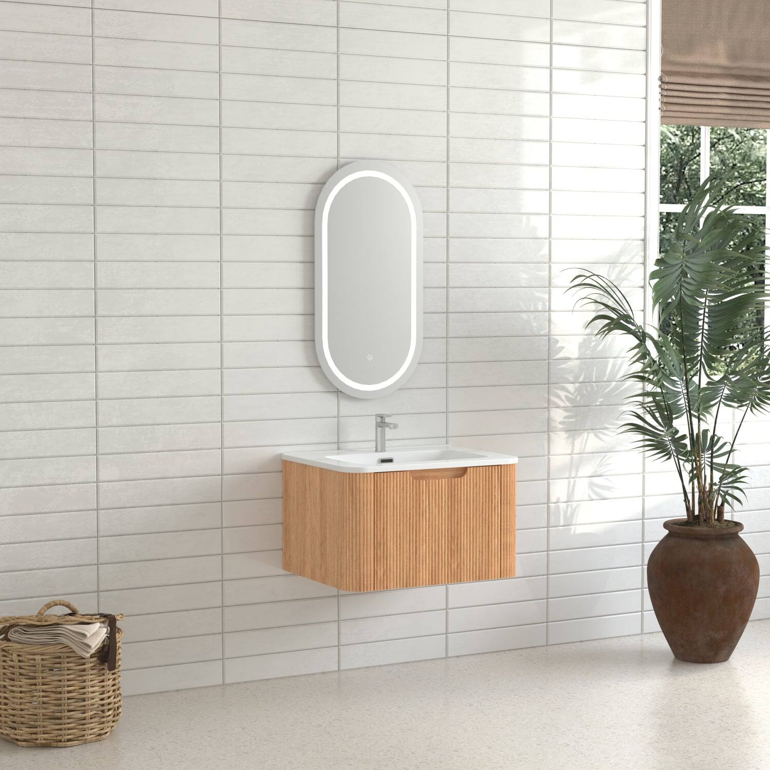 Alt View 3. Boyel Living - 24 in Wall-Mounted Bathroom Vanity Pre-Assembled Cabinet in Natural Walnut with Ceramic Basin Soft-Close Drawer - Natural Walnut.