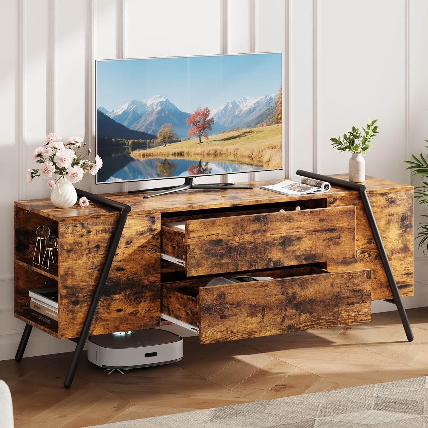 Homhougo - 55" Modern Farmhouse TV Stand, Entertainment Center with 2 Drawers, Adjustable Shelves, U-Shaped Metal Legs - Retro Brown