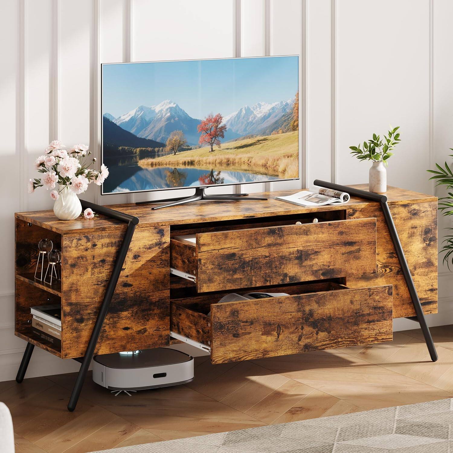 Front. Homhougo - 55" Modern Farmhouse TV Stand, Entertainment Center with 2 Drawers, Adjustable Shelves, U-Shaped Metal Legs - Retro Brown.