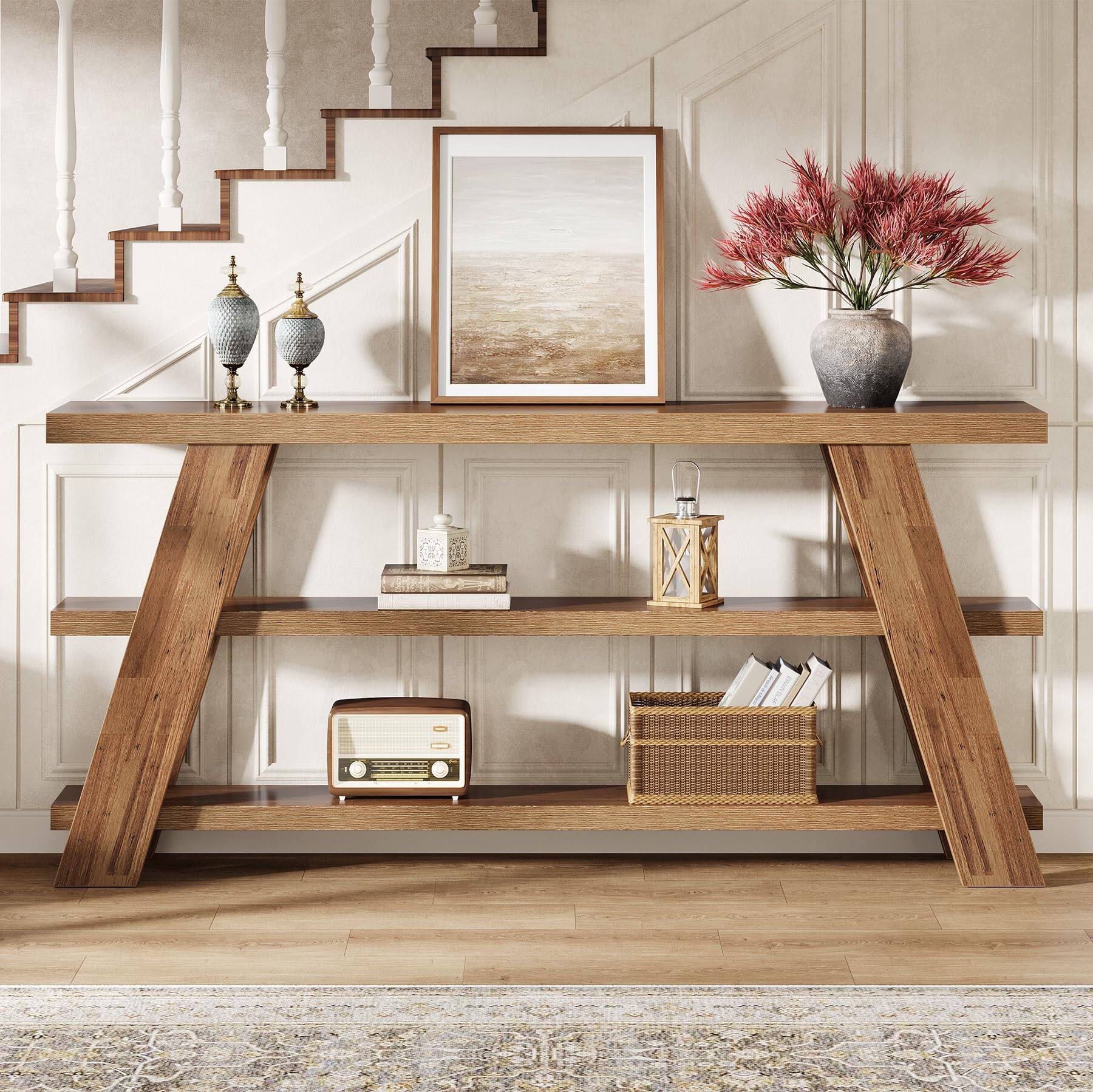 Back. Tribesigns - 70.9" Extra Long Console Table with Storage, 3-Tier Narrow Wooden Sofa Table Behind The Couch, Farmhouse Entry Foyer Tab - Brown.