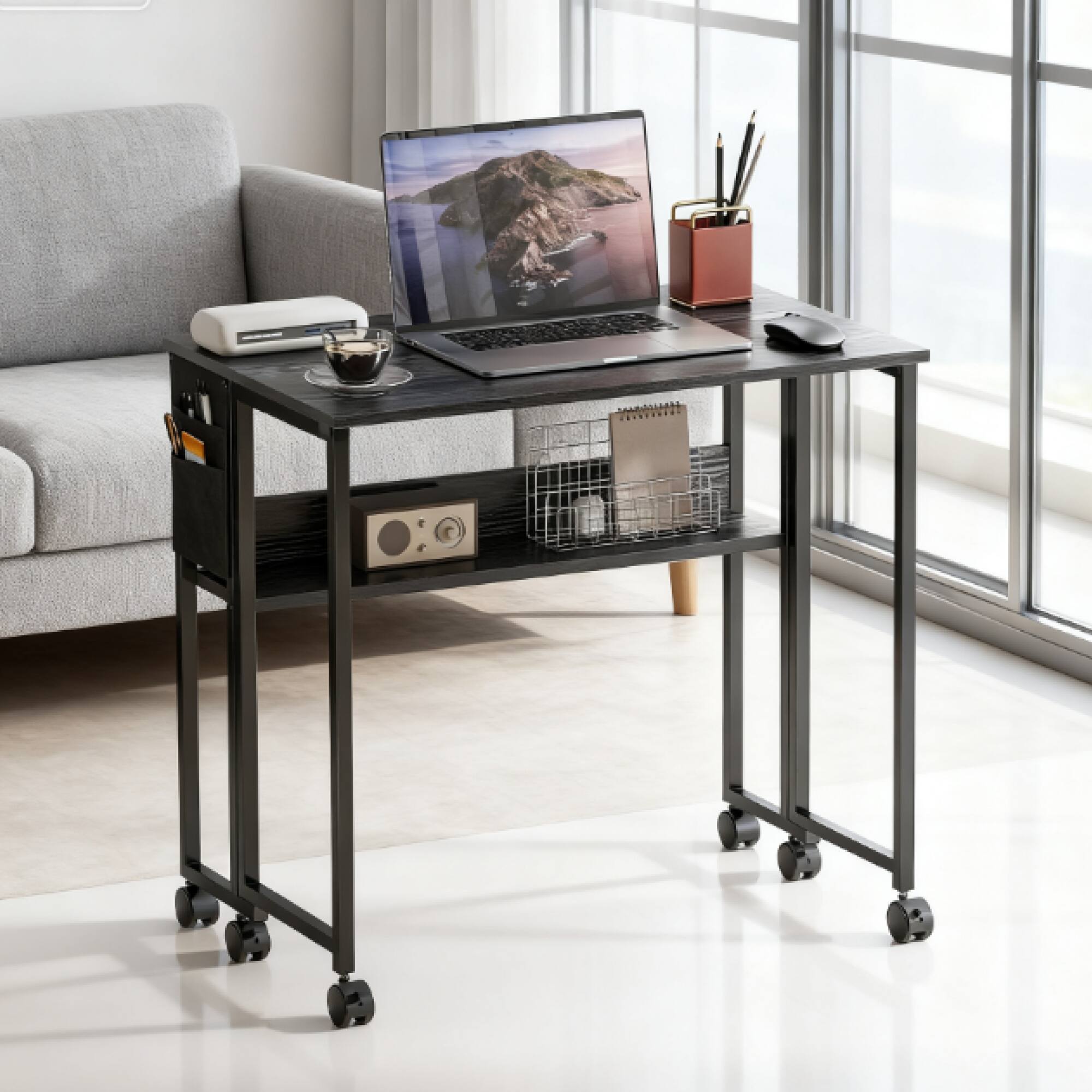Alt View 3. GOODSILO - Foldable Mobile Desk with Storage Shelf and Wheels for Compact Home Office Spaces - Black.