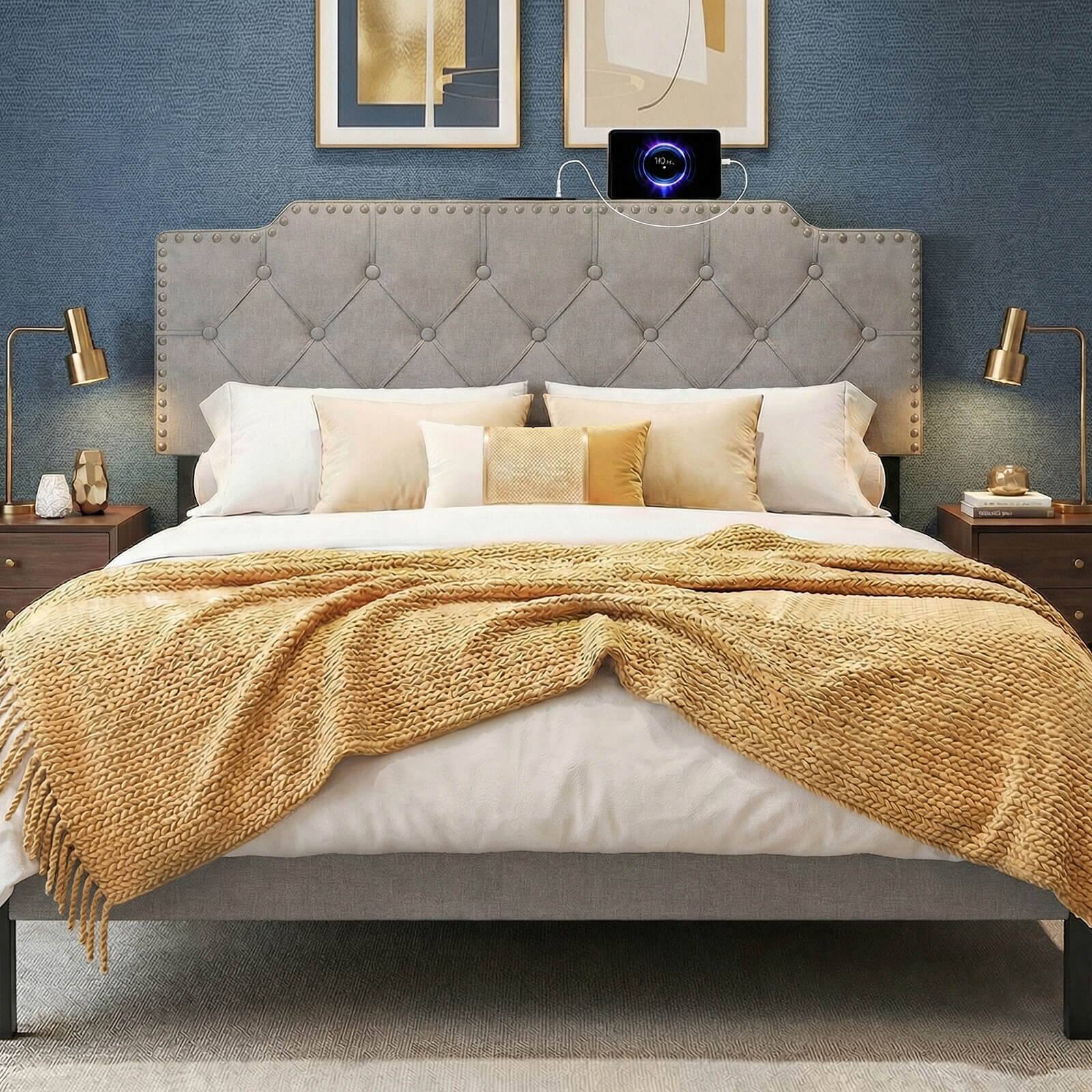 Alt View 3. Costway - Costway Headboard for Queen and Full Size Bed, Rivet Tufted Upholstered Head Board - Gray.