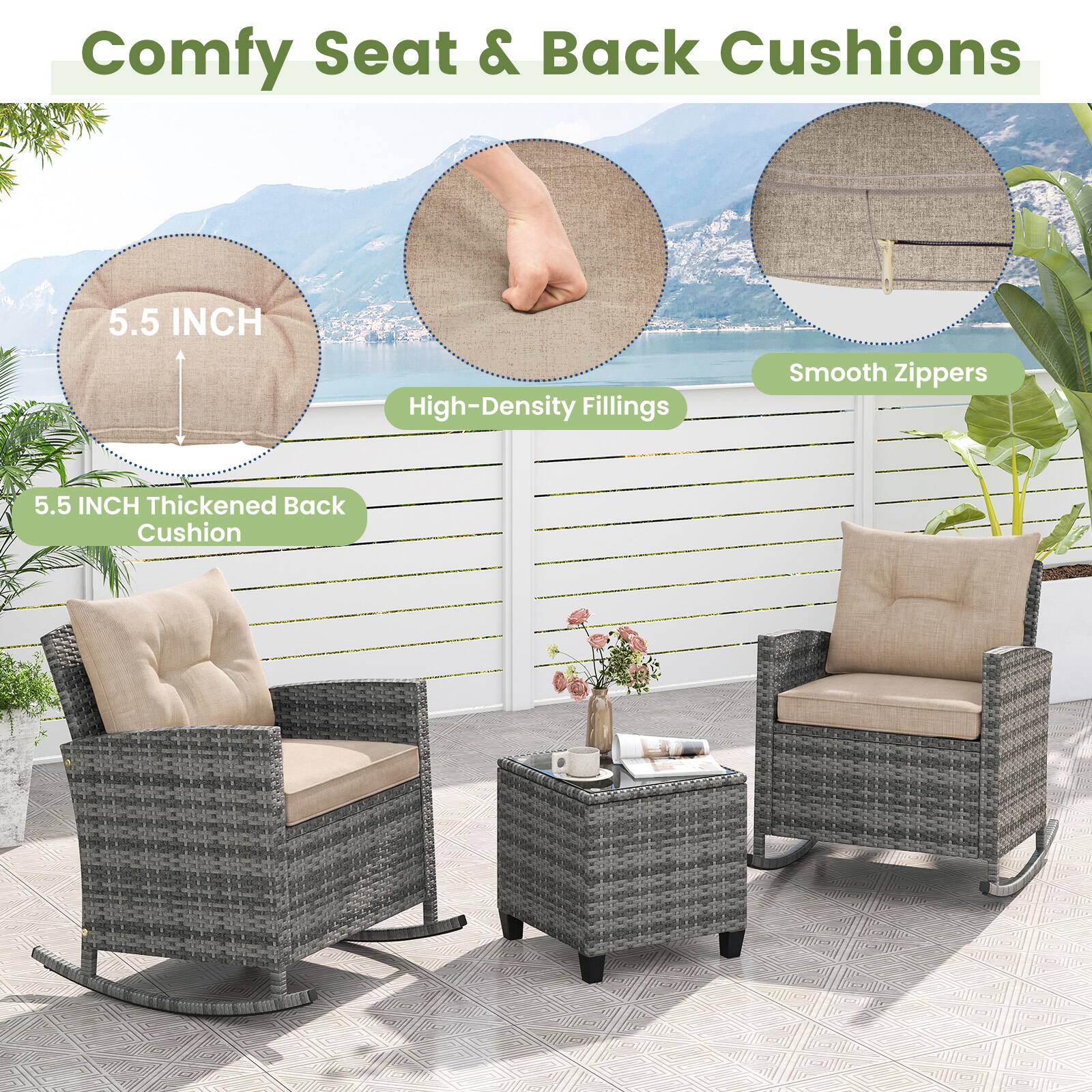 Comfy Seat & Back Cushions

5.5 INCH High-Density Fillings

Smooth Zippers

5.5 INCH Thickened Back Cushion
