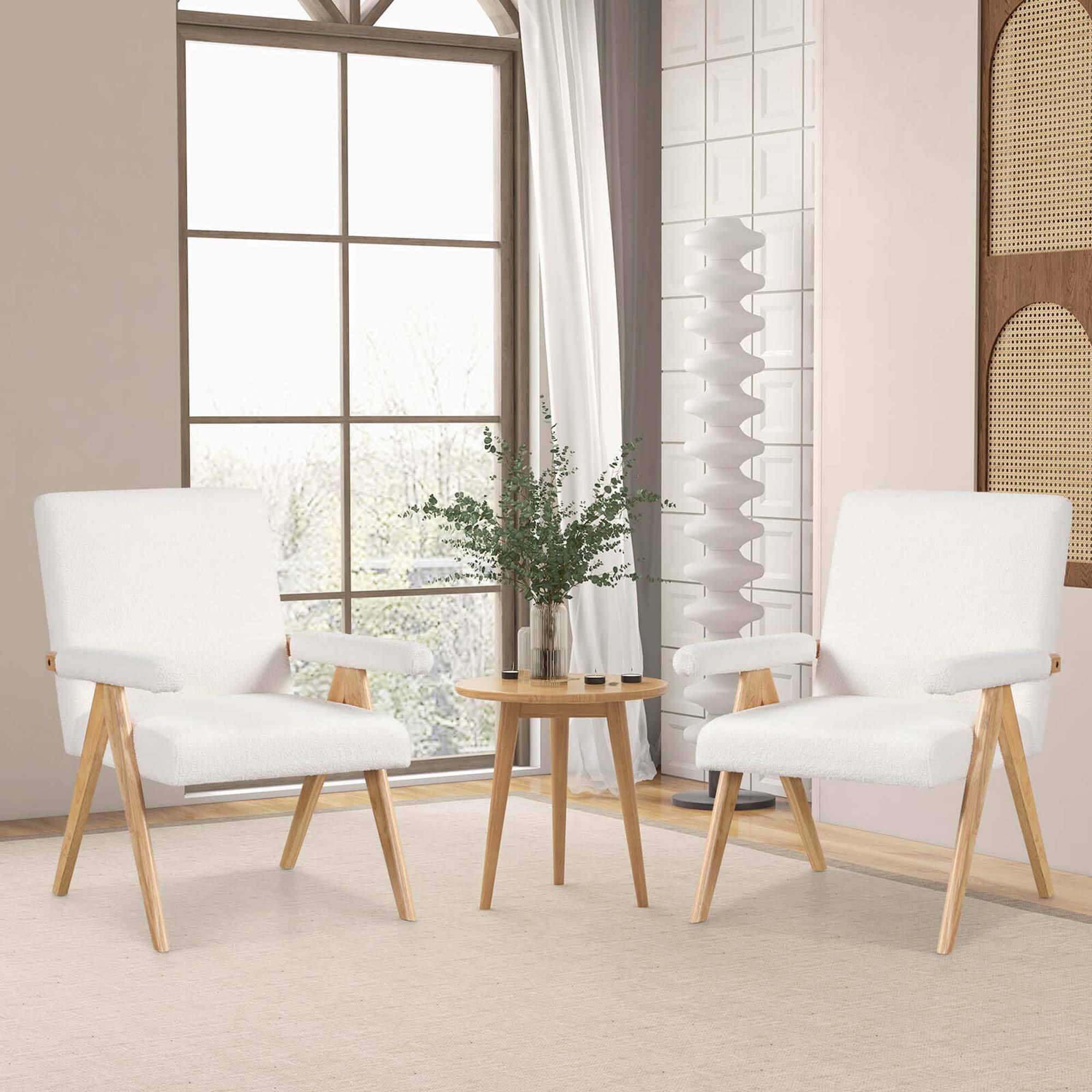 Angle. Costway - 2 PCS Mid-Century Accent Chair with Solid Rubber Wood Frame and Padded Armrests - Beige + Natural.