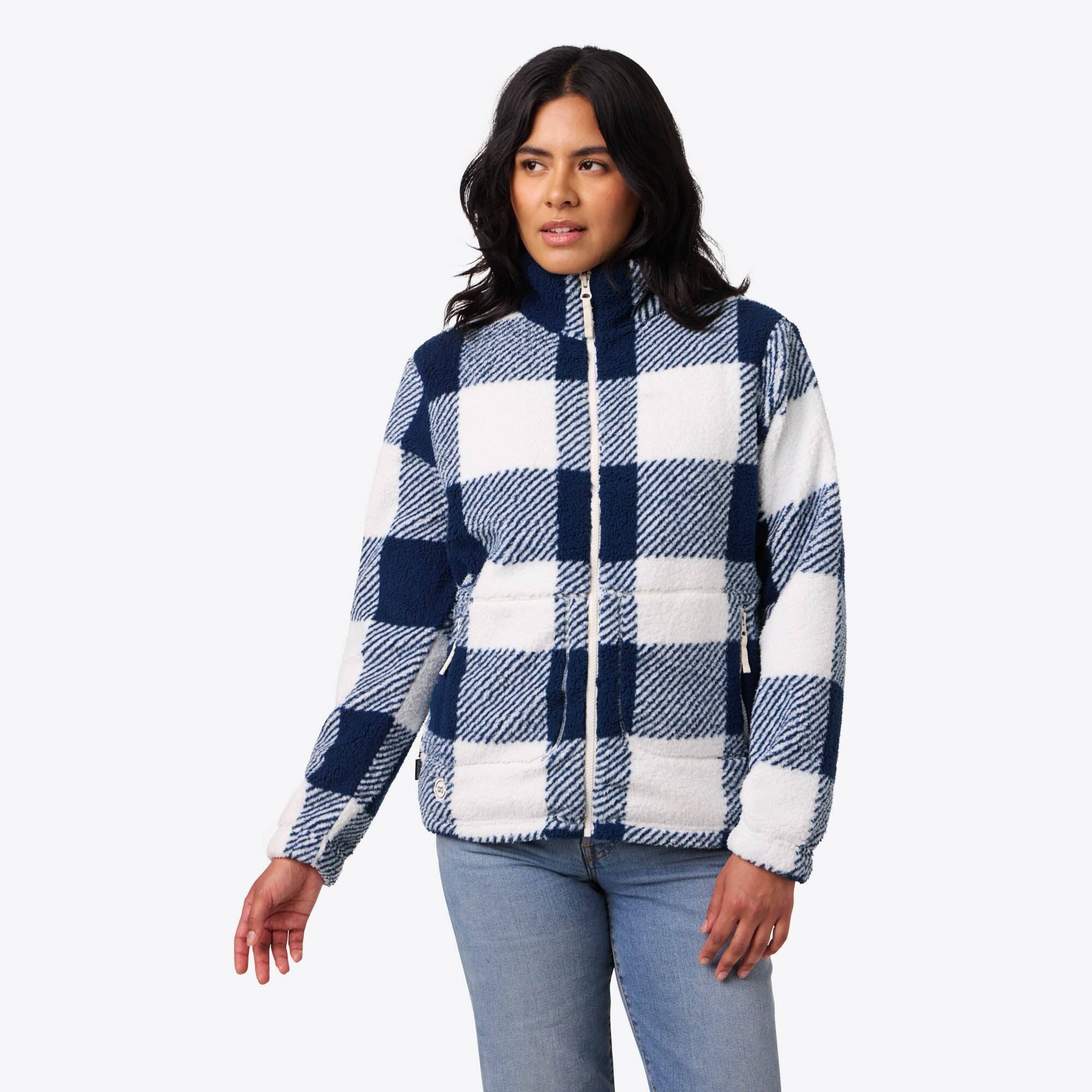 Alt View 4. Mobile Warming - Women's Upland Sherpa Printed Heated Long Jacket - Blue Plaid.