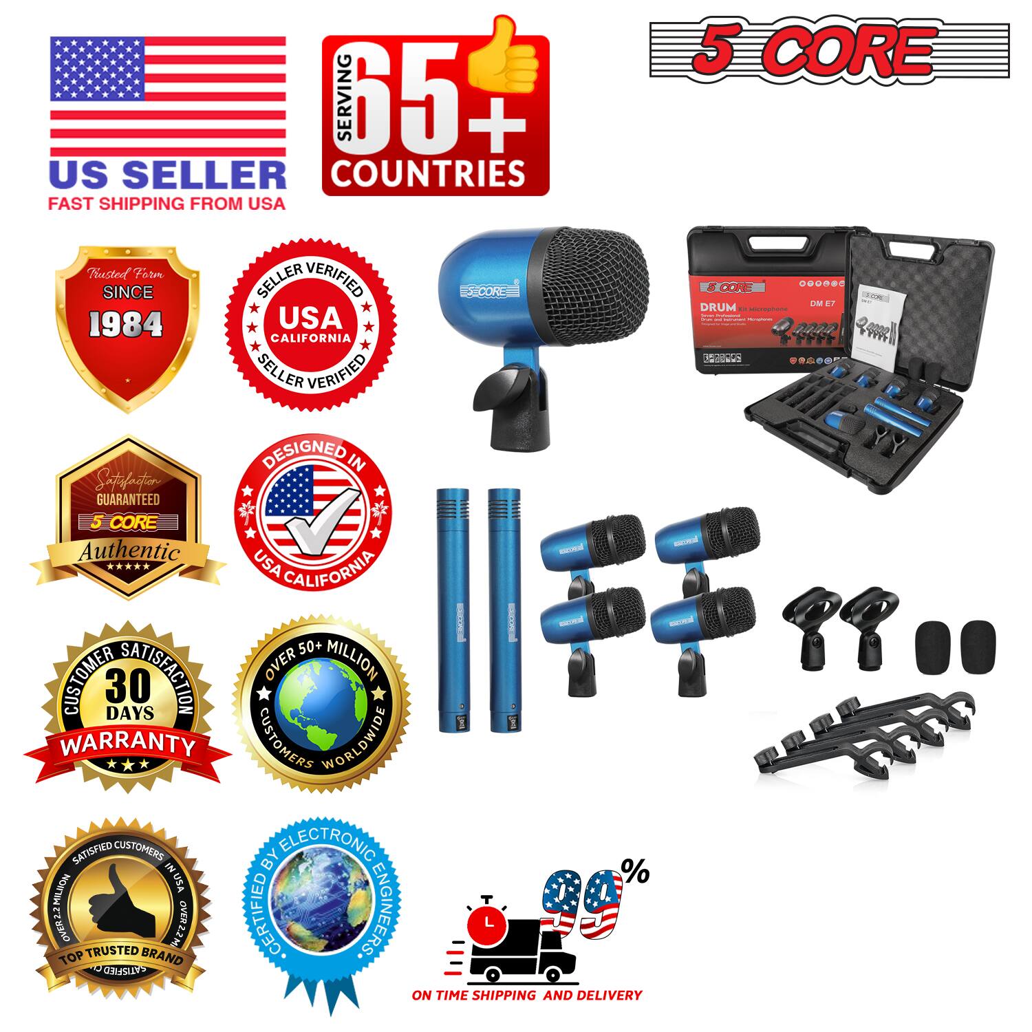 Sure, here is the corrected and grouped text from the image:

---

**US SELLER**  
FAST SHIPPING FROM USA

**SERVING 65+ COUNTRIES**

**5 CORE**  
Authentic  
USA CALIFORNIA  
SINCE 1984  
DESIGNED IN USA  
GUARANTEED  
30 DAYS WARRANTY  
OVER 50+ MILLION CUSTOMERS WORLDWIDE  
SATISFIED CUSTOMERS IN USA  
TOP TRUSTED BRAND  
ON TIME SHIPPING AND DELIVERY

---

**Product Details**  
- **5 CORE**  
- **DRUM**  
- **DM ET**  
- **50000000**  
- **50000000**  
- **50000000**  
- **50000000**  
- **50000000**  
- **50000000**  
- **50000000**  
- **50000000**  
- **50000000**  
- **50000000**  
-