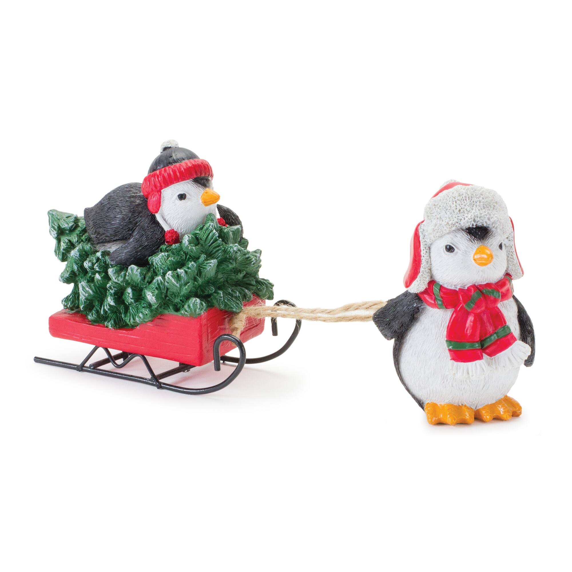 Left. BreeBe - Playful Penguins with Sled Figurine (Set of 2) - Green, Black, Red.