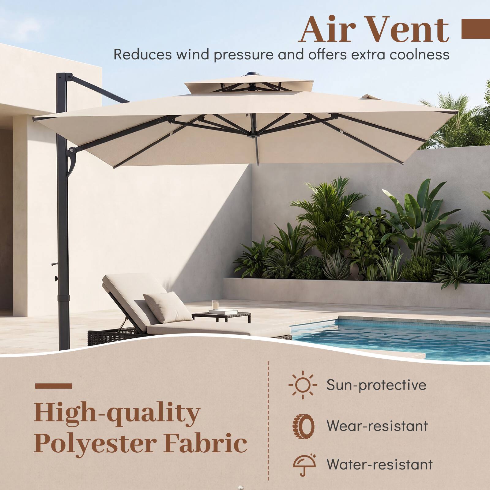 Air Vent  
Reduces wind pressure and offers extra coolness  

High-quality Polyester Fabric  
Sun-protective  
Wear-resistant  
Water-resistant
