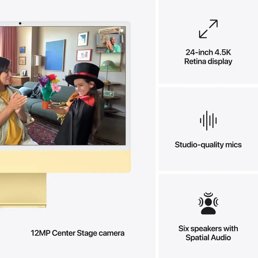 The image features a woman and a child, with the woman wearing a yellow shirt and the child wearing a witch's costume. The image is displayed on a 24-inch 4.5K Retina display, which has a studio-quality microphone system. The display is connected to a 12MP Center Stage camera, which is designed to capture the best possible image quality. Additionally, the display is accompanied by six speakers with Spatial Audio, providing an immersive audio experience.