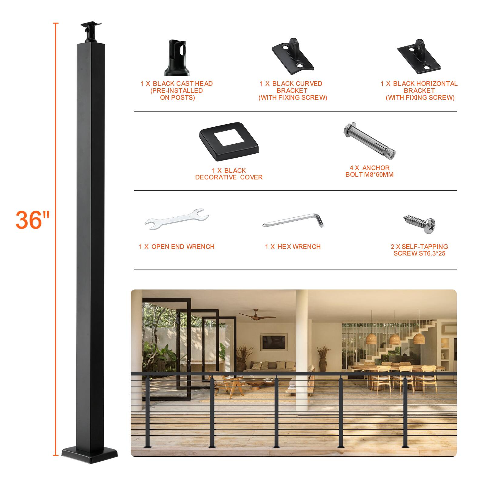 1 x BLACK CAST HEAD (PRE-INSTALLED ON POSTS)  
1 x BLACK CURVED BRACKET (WITH FIXING SCREW)  
1 x BLACK HORIZONTAL BRACKET (WITH FIXING SCREW)  
1 x BLACK DECORATIVE COVER  
4 x ANCHOR BOLT M8*60MM  
1 x OPEN END WRENCH  
1 x HEX WRENCH  
2 x SELF-TAPPING SCREW S16.3*25