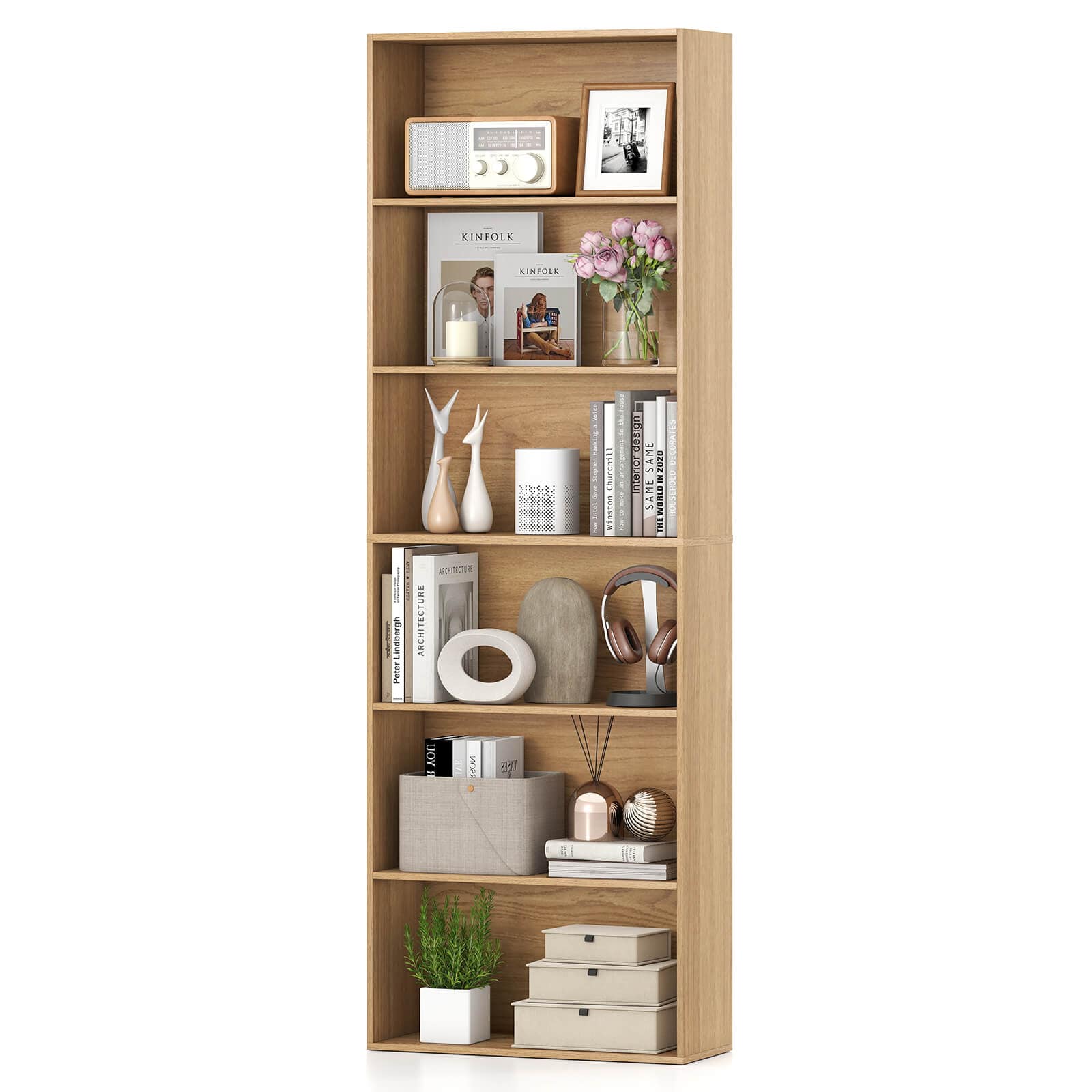 Costway - 70" Tall 6-Tier Bookcase with 6 Open Shelves Anti-Toppling Kits for Living Room - Natural