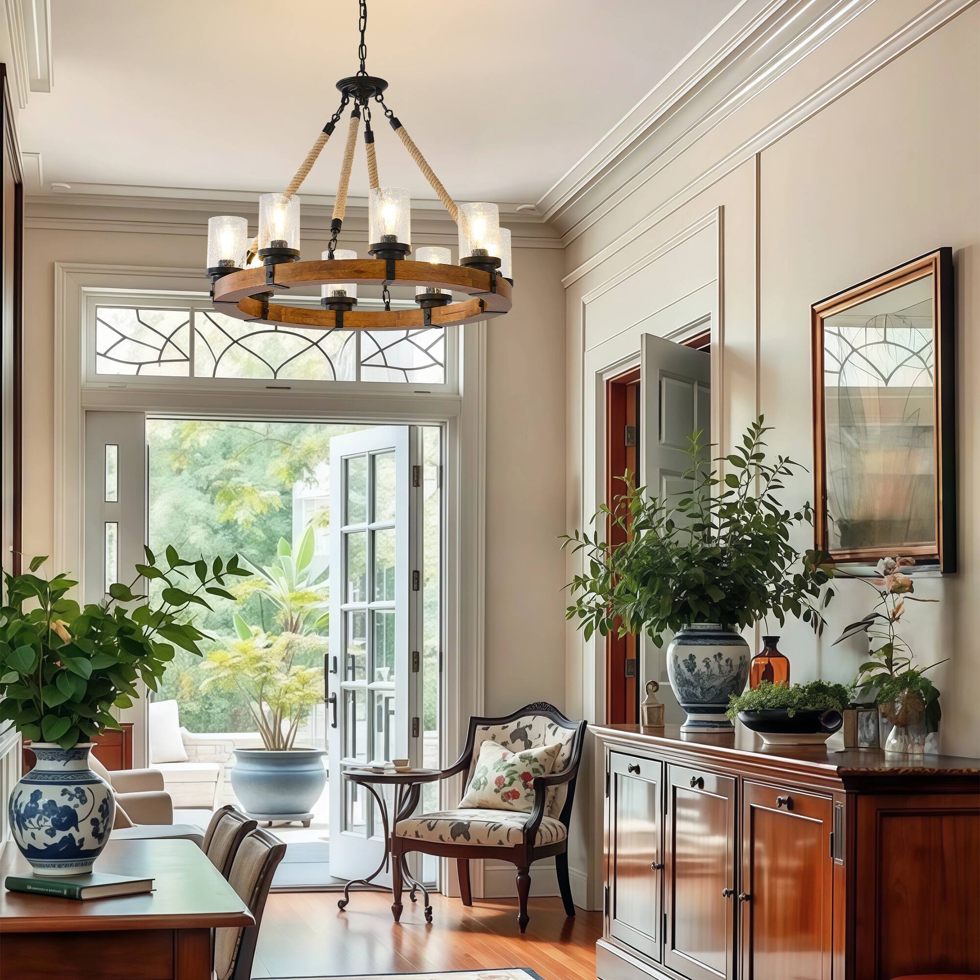 Alt View 5. RYHNUYNE - 8 Light Rustic Wagon Wheel Chandelier,Farmhouse Dining Room Light Fixture with Seeded Glass Shade,Round Wood Chandelier - Brown.