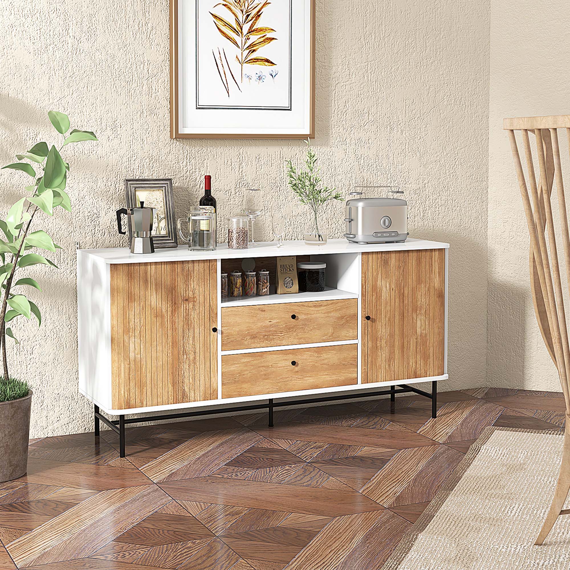 Alt View 4. Costway - Buffet Sideboard Versatile TV Stand with Sliding Tambour Doors & 2 Storage Drawers - White + Oak.