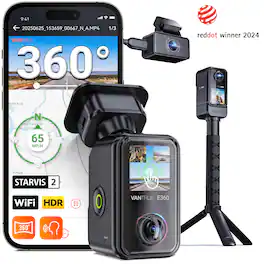 Vantrue - E360 ACE Panoramic 360° 3 Channel Dashcam, Action Camera, Dual STARVIS 2, Dual Fisheye - Black