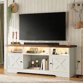 AODK - TV Stand for 65-Inch TVs with Built-In Power Outlet and LED Lighting, Farmhouse Entertainment Center with Storage - Walnut+white
