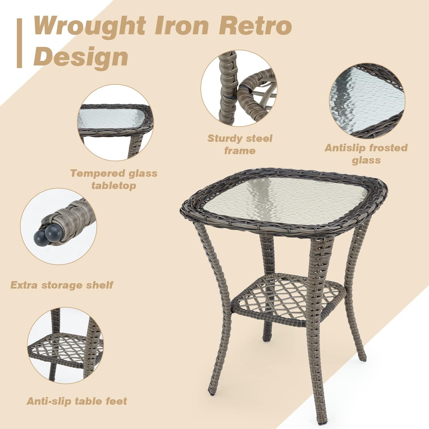 Wrought Iron Retro Design

- Tempered glass tabletop
- Sturdy steel frame
- Antislip frosted glass
- Extra storage shelf
- Anti-slip table feet