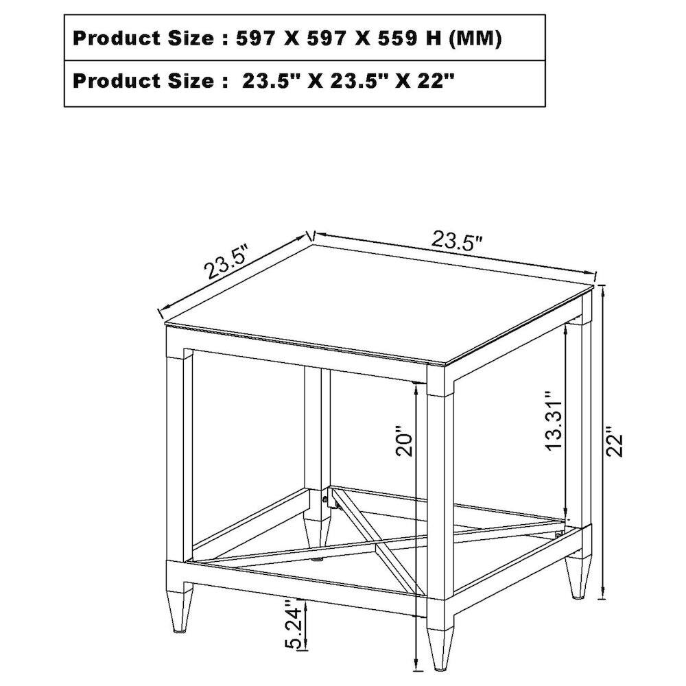 Product Size: 597 X 597 X 559 H (MM)  
Product Size: 23.5" X 23.5" X 22"  

23.5"  
23.5"  
22"  
20"  
13.31"  
5.24"