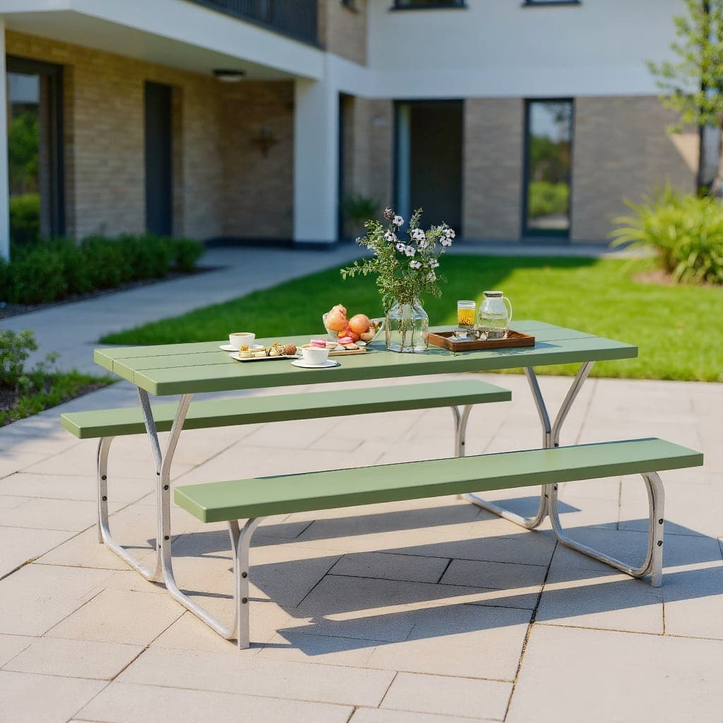 Kadyn - 6 FT Picnic Table Bench Set Dining Table and 2 Benches with Metal Frame and HDPE Tabletop-Green for Patio Back Deck - Gray
