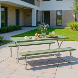 Kadyn - 6 FT Picnic Table Bench Set Dining Table and 2 Benches with Metal Frame and HDPE Tabletop-Green for Patio Back Deck - Gray