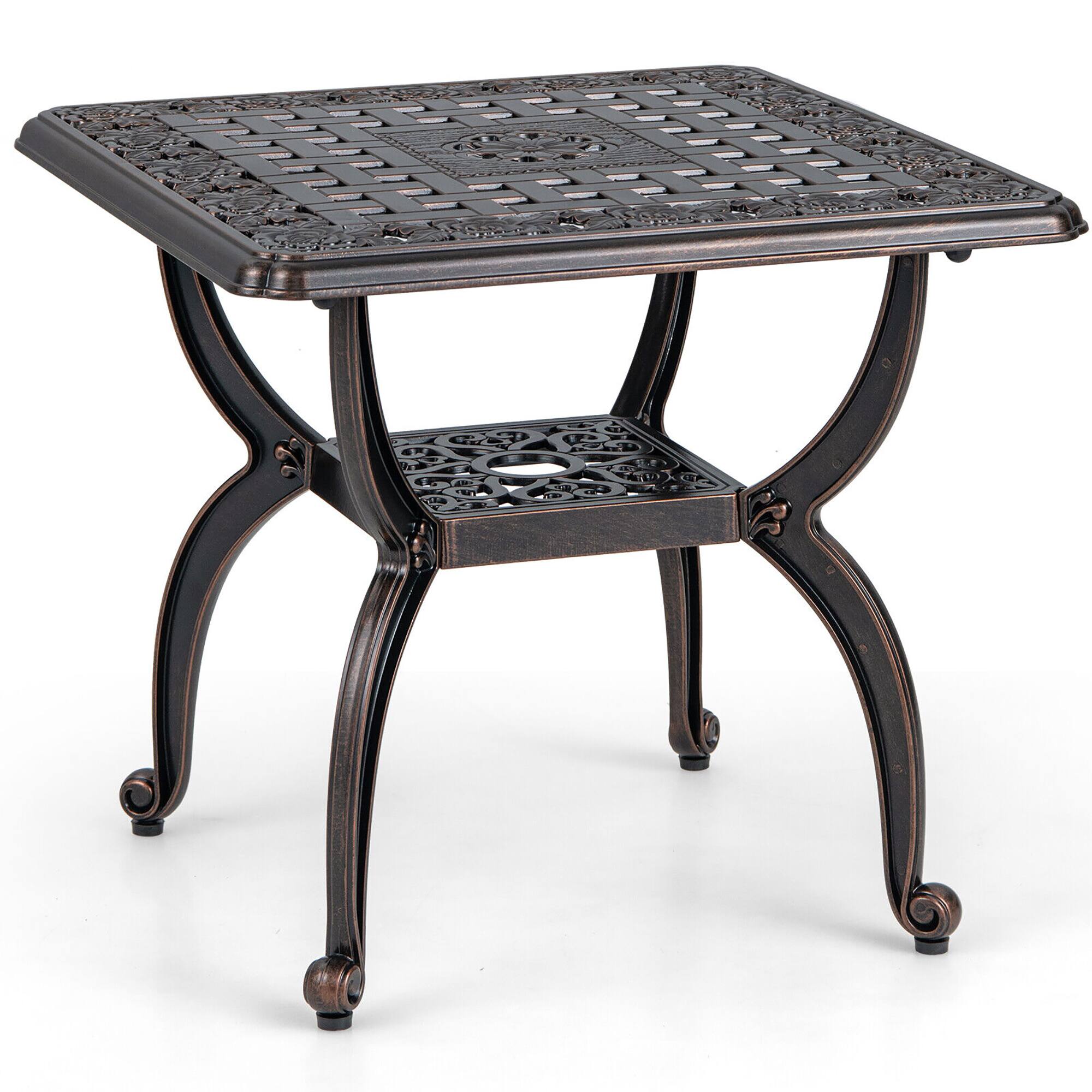 Alt View 9. Gymax - Gymax 21'' Cast Aluminum Outdoor Side Table Patio Square Coffee Table w/ Storage Shelf - Copper.