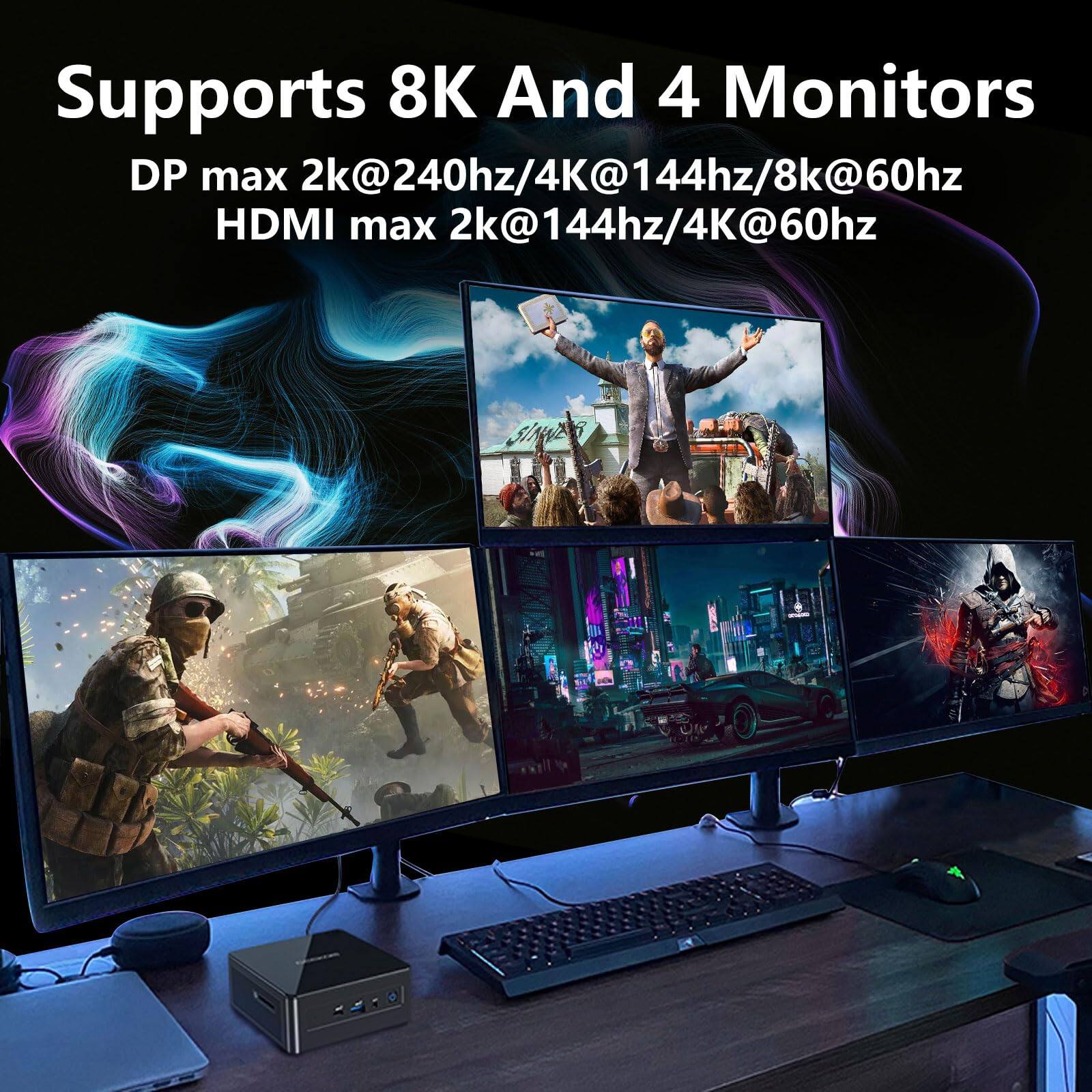 Supports 8K And 4 Monitors  
DP max 2k@240hz/4K@144hz/8k@60hz  
HDMI max 2k@144hz/4K@60hz