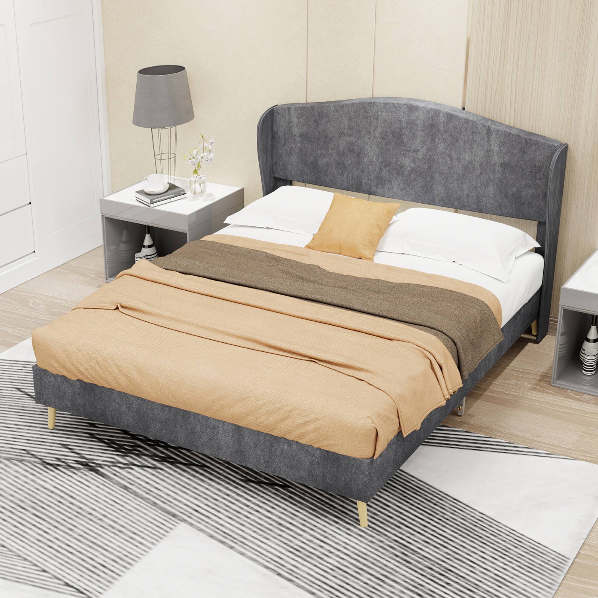 Angle. GOODSILO - Luxury Velvet Upholstered Platform Bed with Tufted Headboard for Master Bedroom and Guest Rooms - Grey.