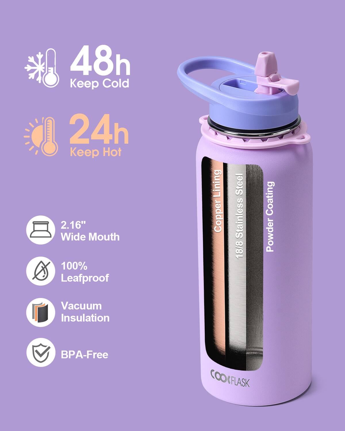48h Keep Cold  
24h Keep Hot  
2.16" Wide Mouth  
100% Leafproof  
Copper Lining  
18/8 Stainless Steel  
Powder Coating  
Vacuum Insulation  
BPA-Free  
COOKFLASK