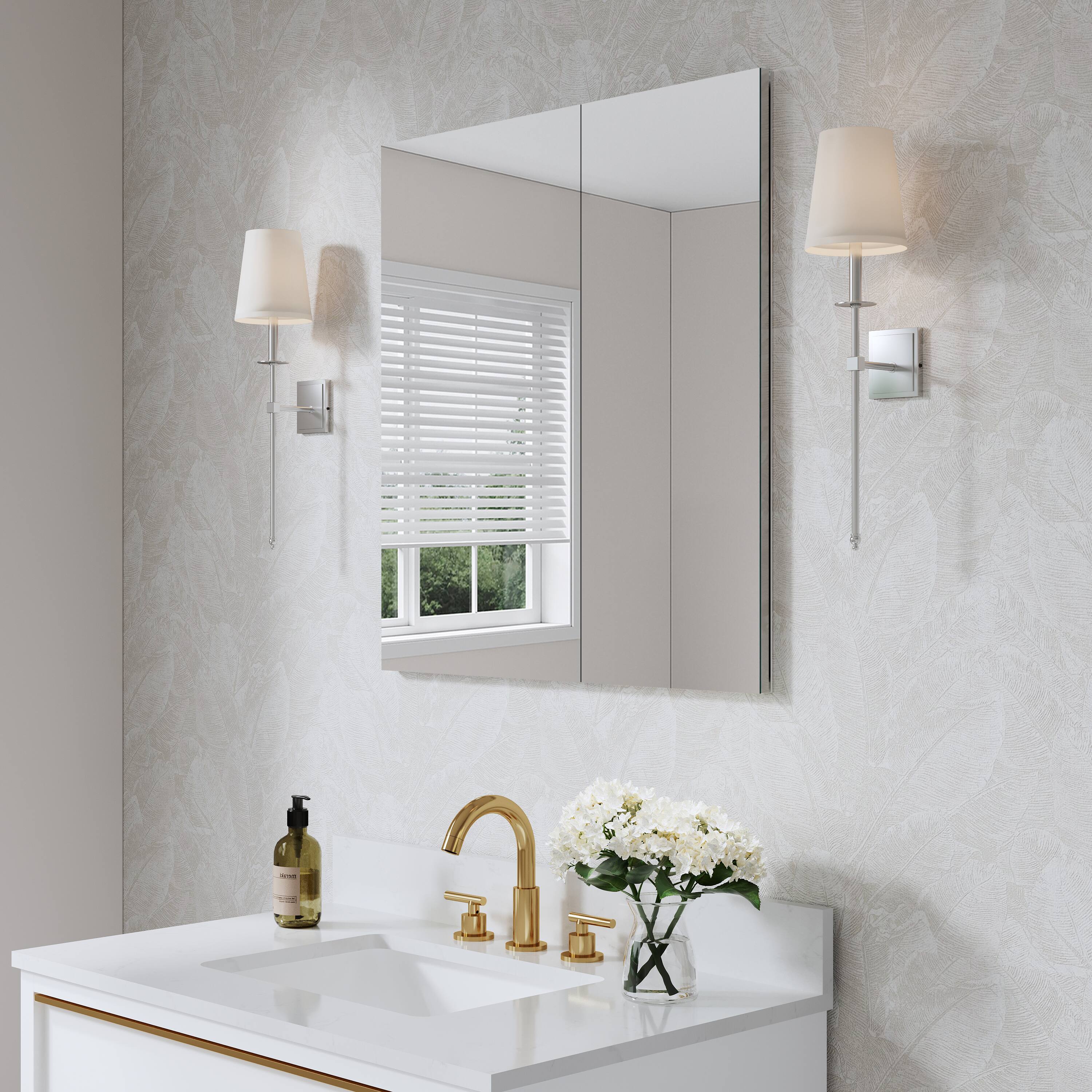 Angle. WELLFOR - Combo 28 in. W x 30 in. H Rectangular Recess/Surface Mount Frameless Medicine Cabinet with Mirror, Soft Close Door - Silver.