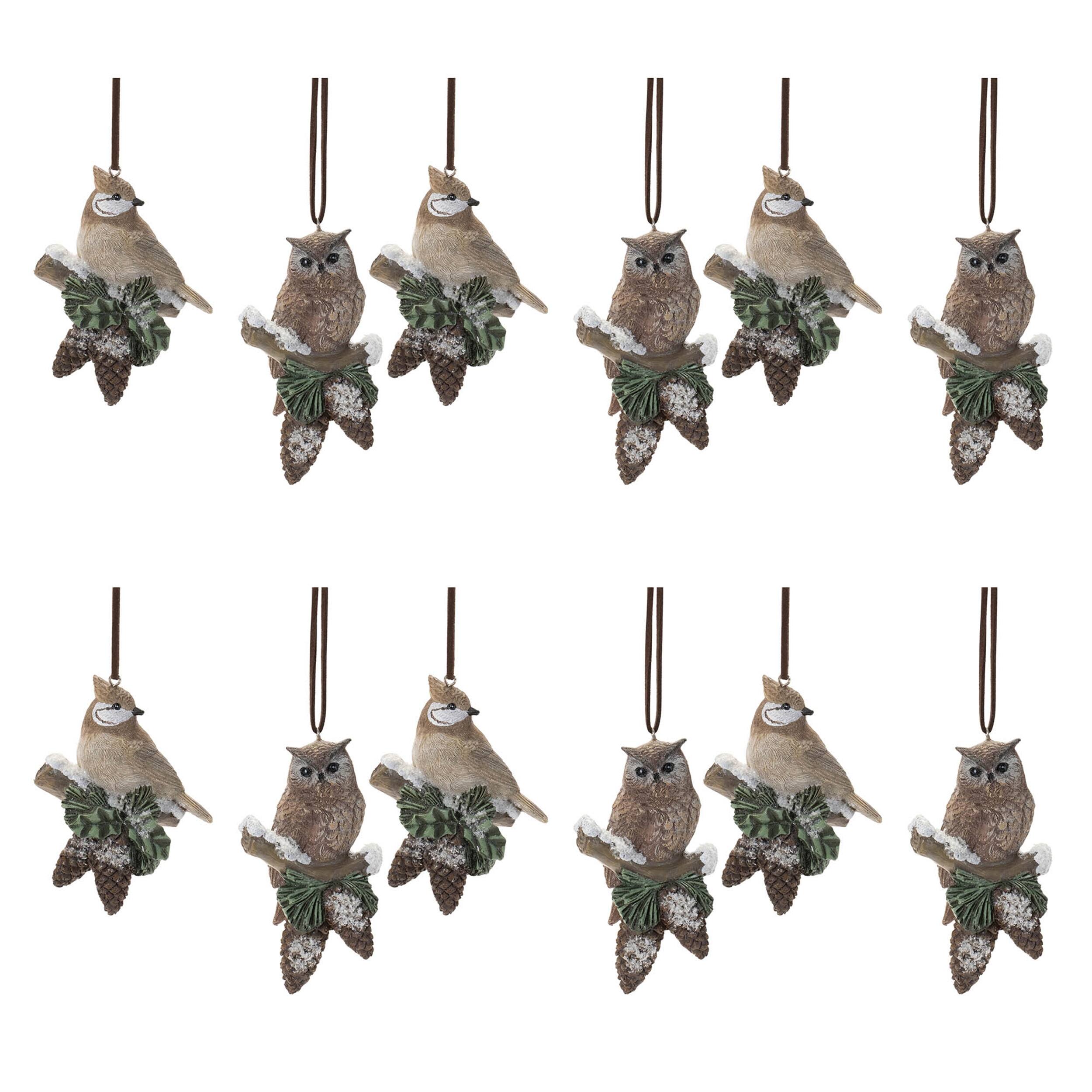 Alt View 3. BreeBe - Snowy Cardinal Bird and Owl Ornament (Set of 12) - Brown, Green.
