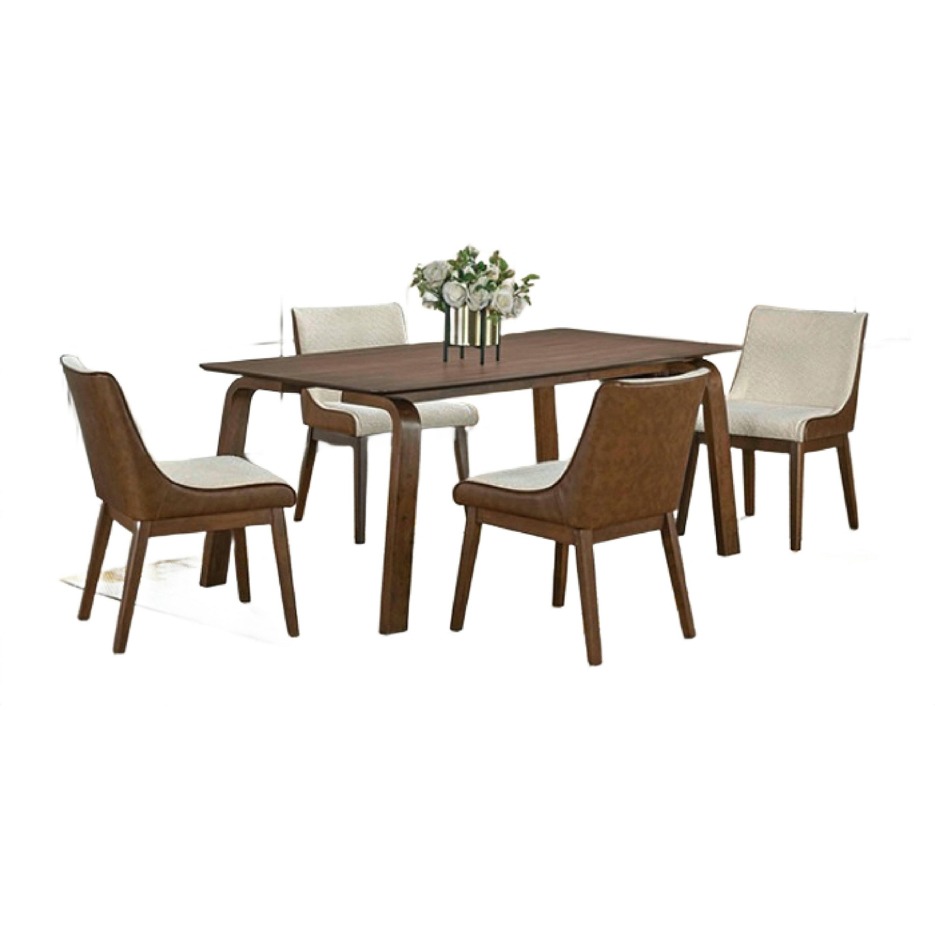 Alt View 1. Manhattan Lane - Iken 5pc Dining Table Set, 4 Cream Fabric Chairs, Tapered Legs, Brown Wood - Walnut Brown, Cream.