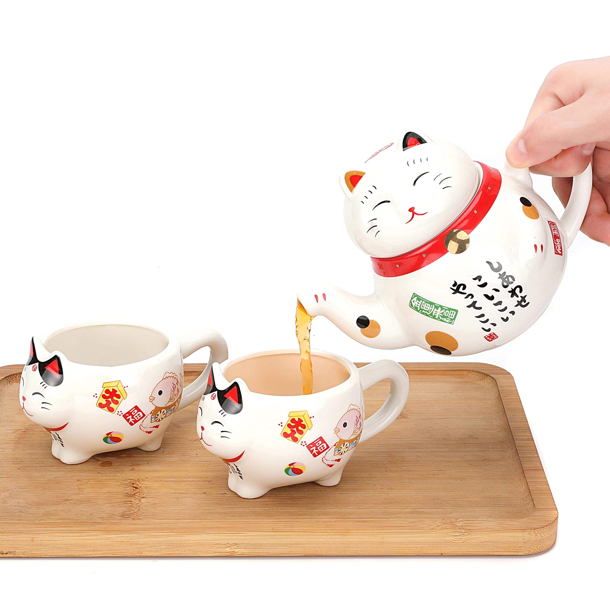 Alchemy Casas - Lucky Cat Tea Set Ceramic Maneki Neko Teapot Teacups With Stainless Steel Infuser In Gift Box Scarf - Multi