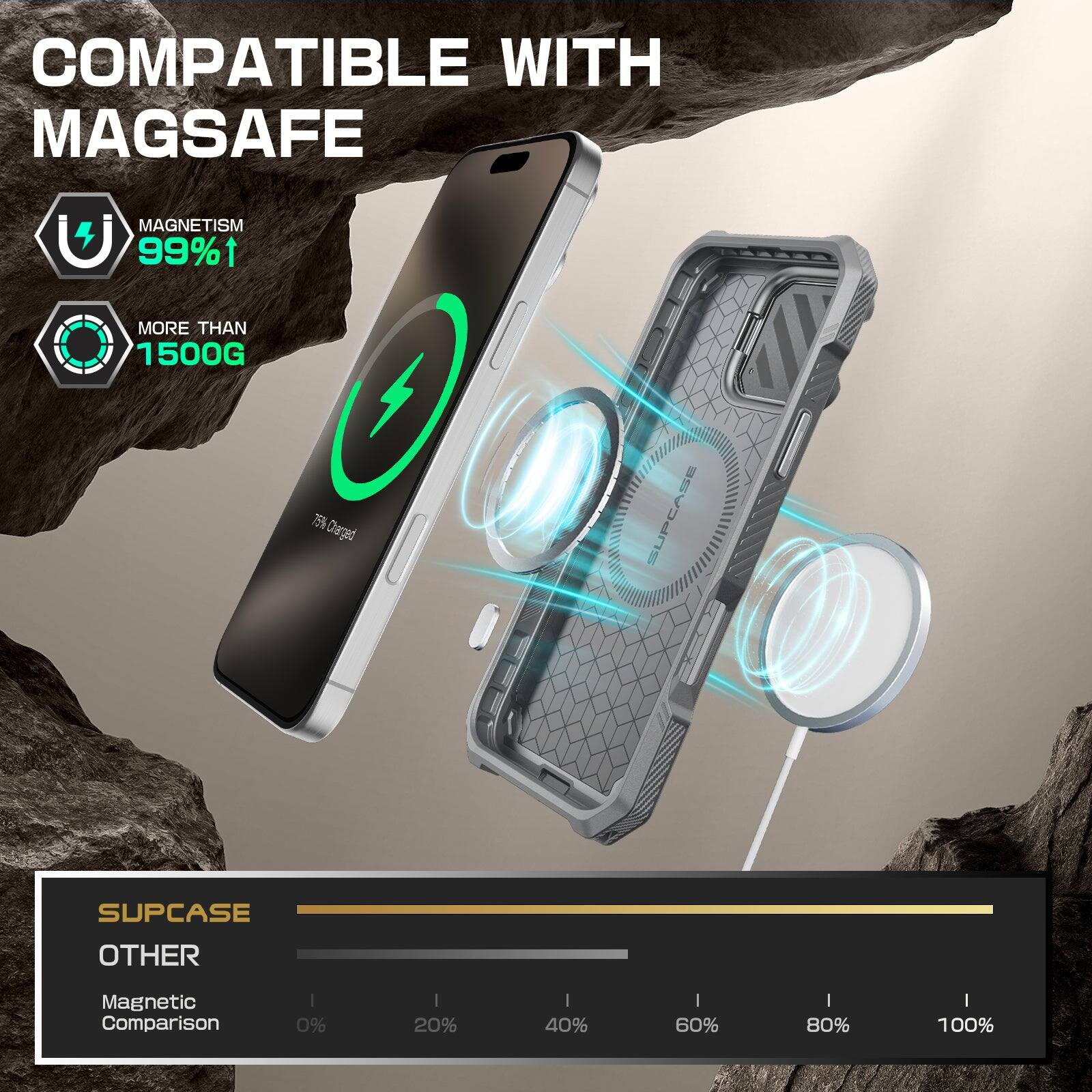 COMPATIBLE WITH MAGSAFE

MAGNETISM 99%1 MORE THAN 1500G

Charged SUPCASE

SUPCASE OTHER Magnetic Comparison

0% 20% 40% 60% 80% 100%