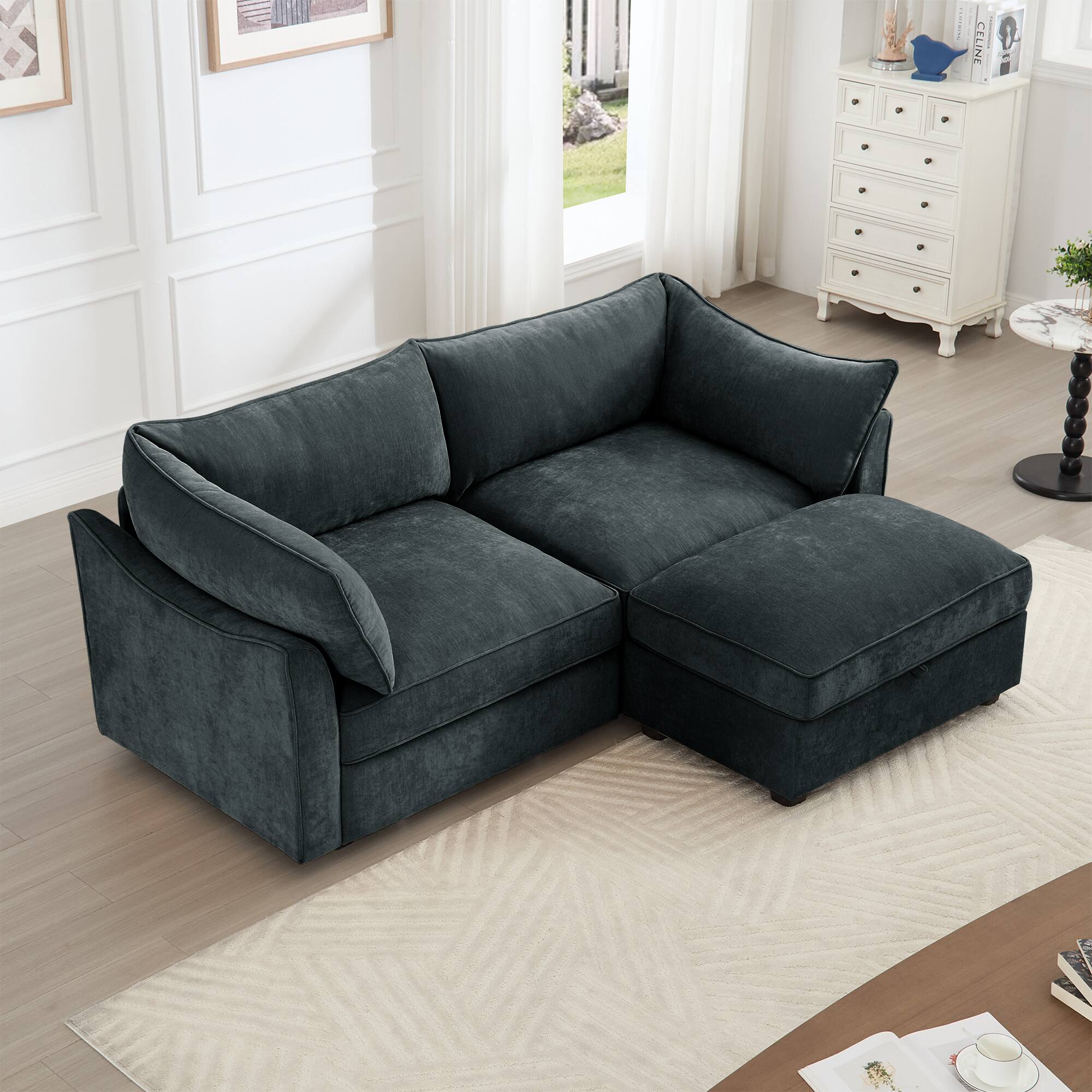 Angle. Aukfa - 2-Seater Sofa with Storage Footstool - Crescent-Shaped Armrests, Chenille Fabric, Wraparound Cushions - Gray.