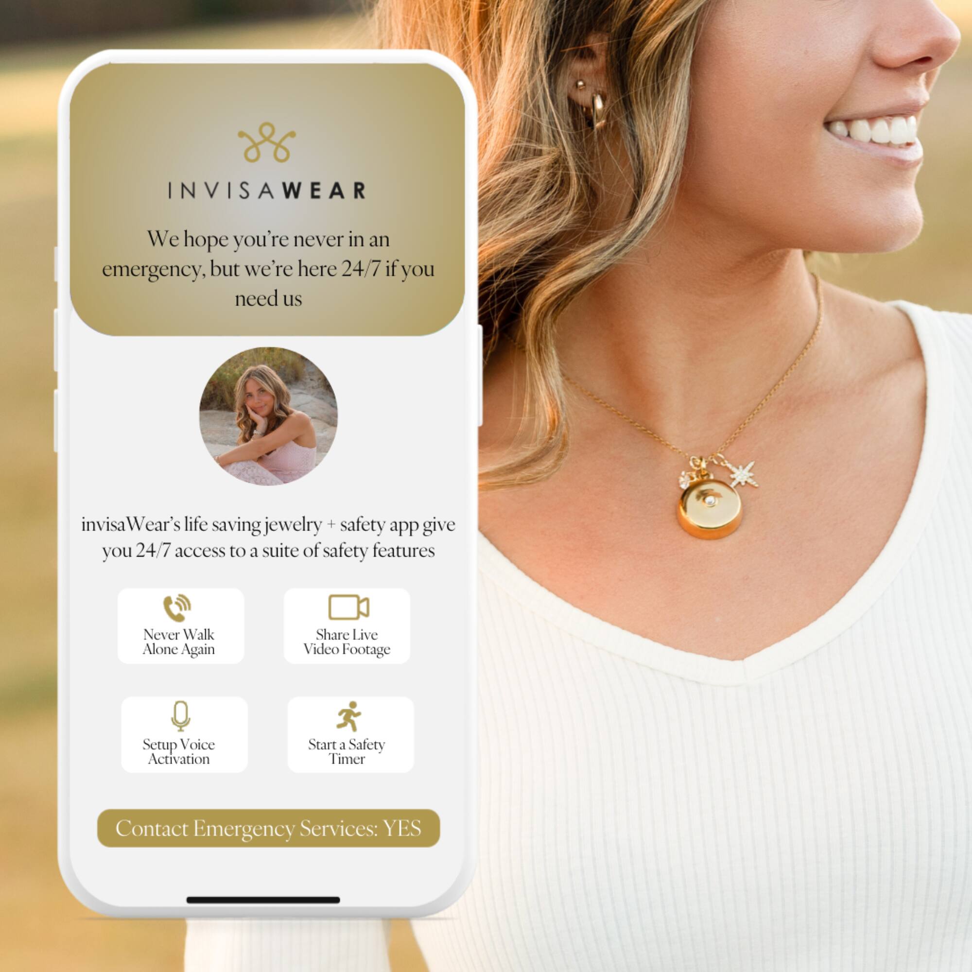 INVISAWEAR We hope you're never in an emergency, but we're here 24/7 if you need us. Invisa Wear's life-saving jewelry + safety app give you 24/7 access to a suite of safety features. Never Walk Alone Again. Share Live Video Footage. Setup Voice Activation. Start 3 Safety Timer. Contact Emergency Services: YES.