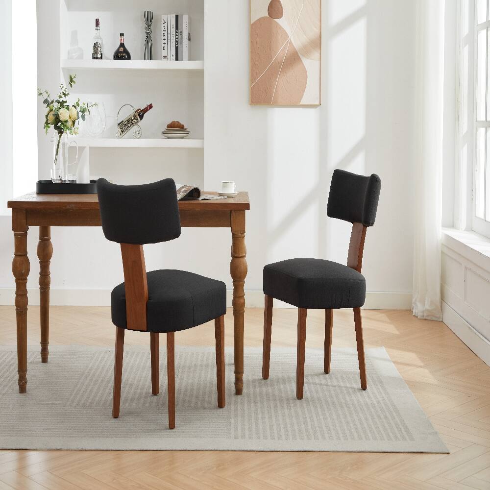 Alt View 8. Loheer - Loheer Set of 2 Linen Dining Chairs Modern Armless Black Chairs with Curved Backrest Solid Wooden Legs for Living Room - Black.