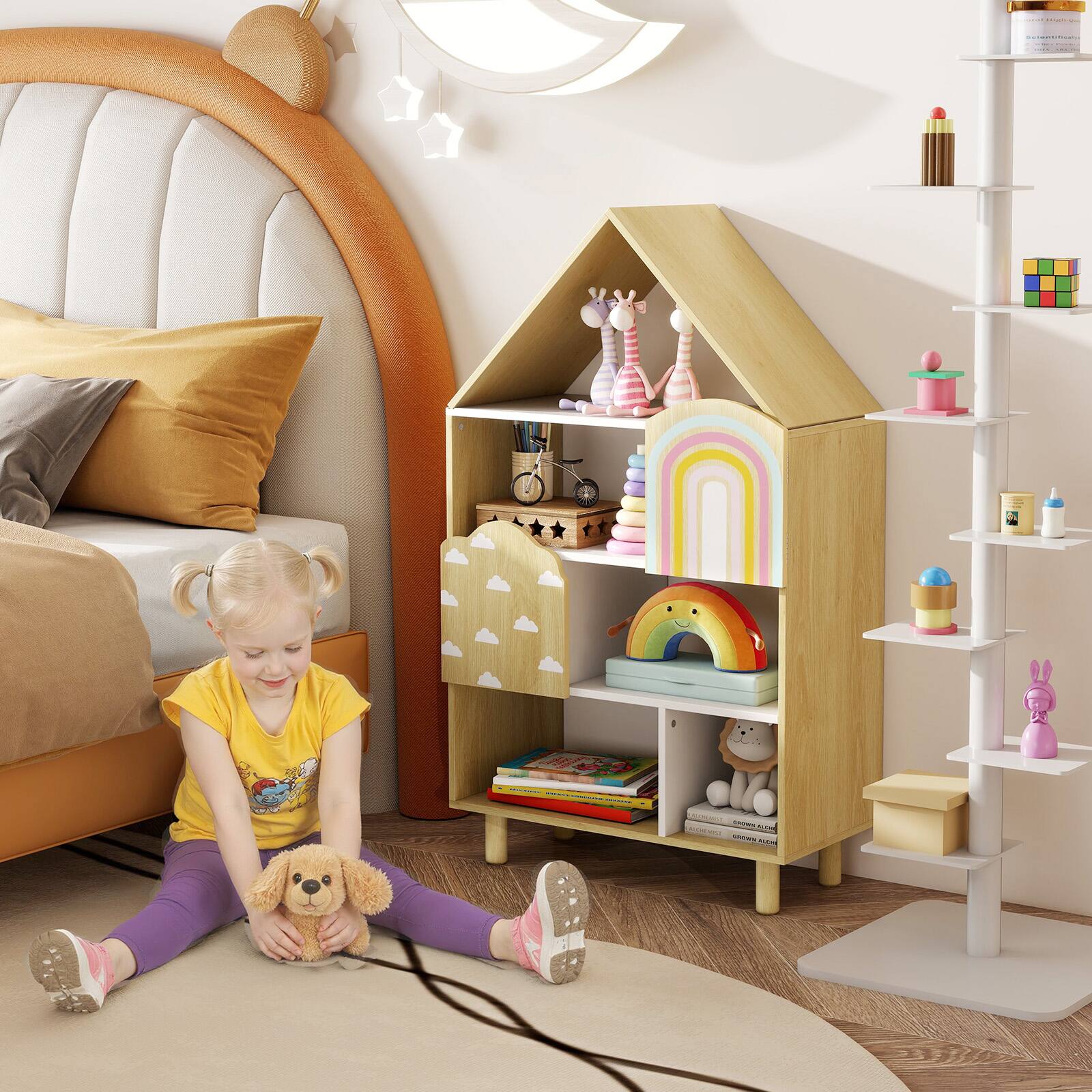 Alt View 3. Gymax - Gymax House-Shaped Kids Bookshelf 4-Tier Toy Storage Organizer w/ Open Compartments - Natural.